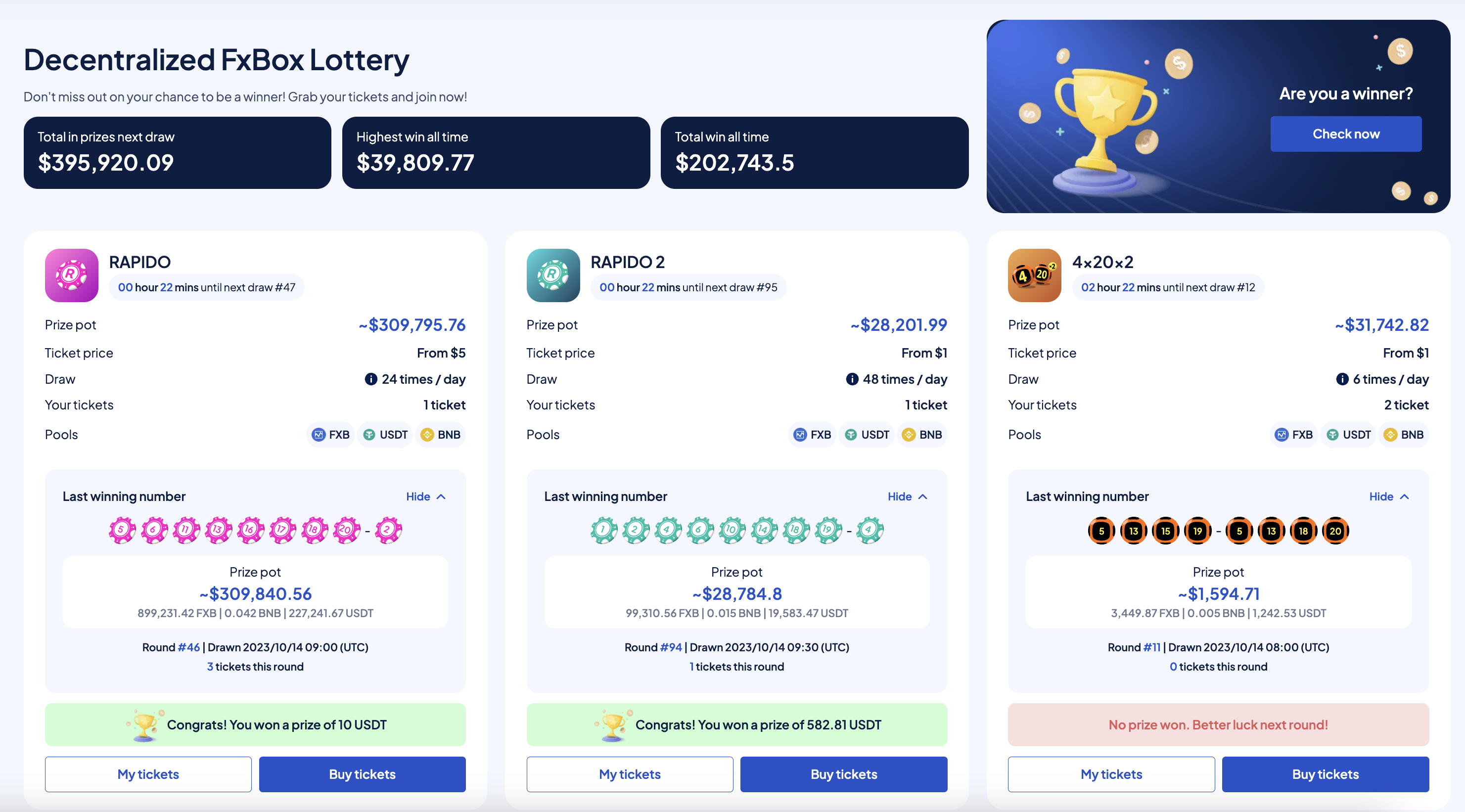 We finished testing Decentralized Lottery feature today! $FXB $USDT $BNB Gameplay